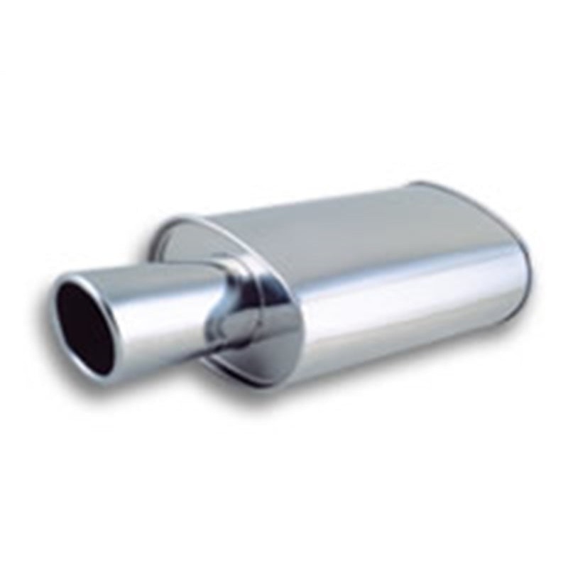 Vibrant StreetPower Turbo Oval Muffler with 4in Round Tip Angle Cut Rolled Edge – 3in inlet I.D.