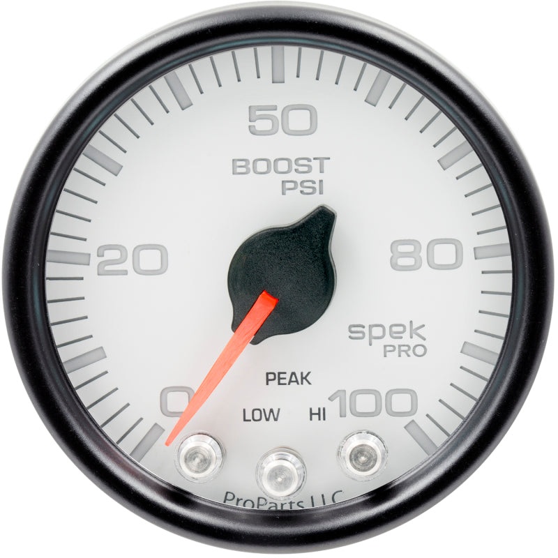 Autometer Spek-Pro Gauge Boost 2 1/16in 100psi Stepper Motor W/Peak & Warn White /Black Universal | P30512