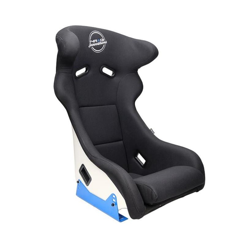 NRG FRP Bucket Seat – White Finish with Arrow Embroidery And Blue Side Mount Bracket