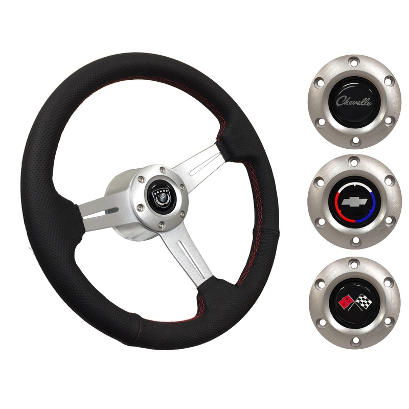 1969-77 Chevelle Steering Wheel Kit | Perforated Leather | ST3587BLK-RED