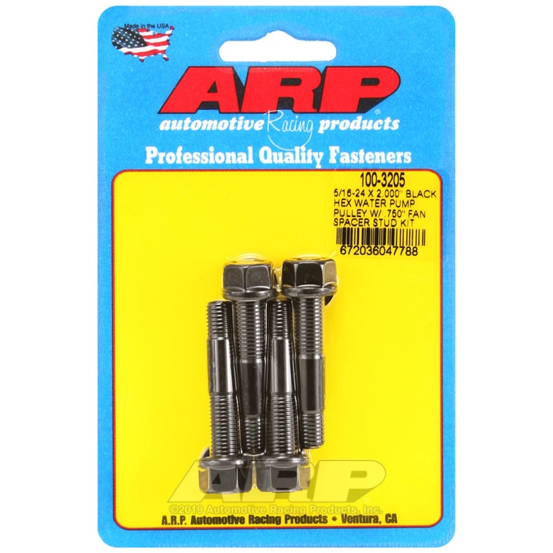 ARP 5/16-24 X 2.000 Black Hex Water Pump Pulley w/ .750in Fan Spacer Stud Kit
