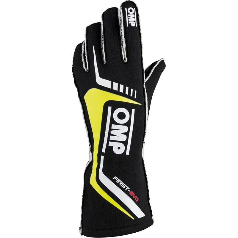 OMP First Evo Gloves (FIA 8856-2018) – Black/Yellow | Size Small